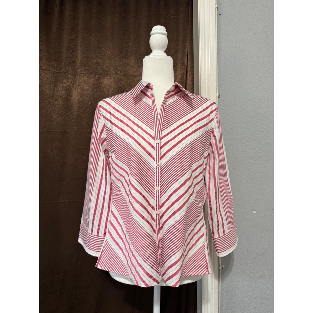 Worthington Blouse L Petite Pink Striped Button Down 3/4 Sleeve Stretch Career
